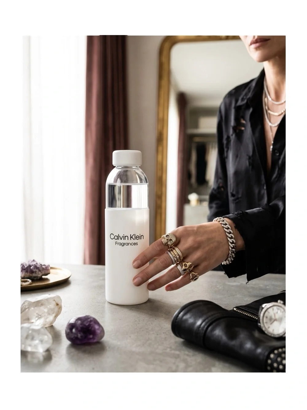 new Calvin Klein ⍟ Logo Reusable Water Bottle ⍟ Soft Sleeve Metal Stopper ⍟ CK ⍟